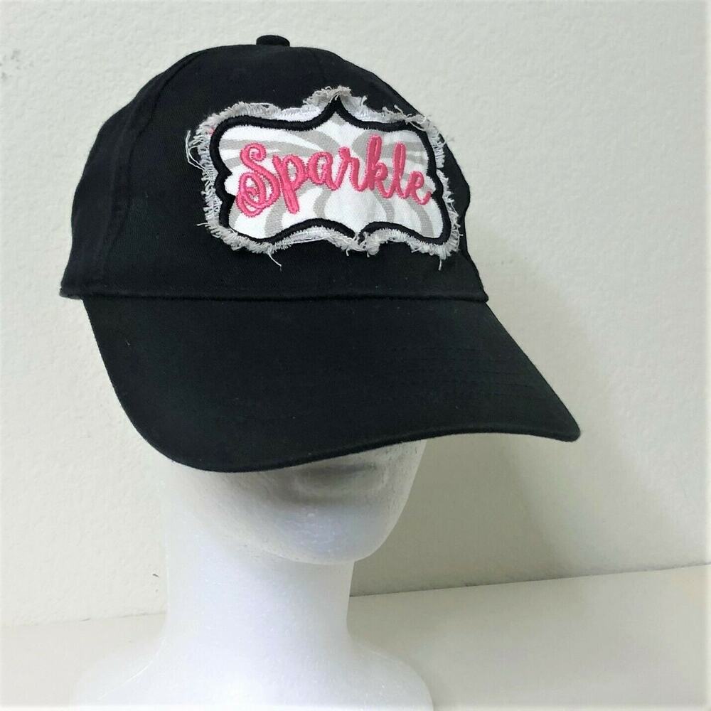 Womens Baseball Cap Black with Frayed Pink Sparkle Patch Hook and Loop Strap